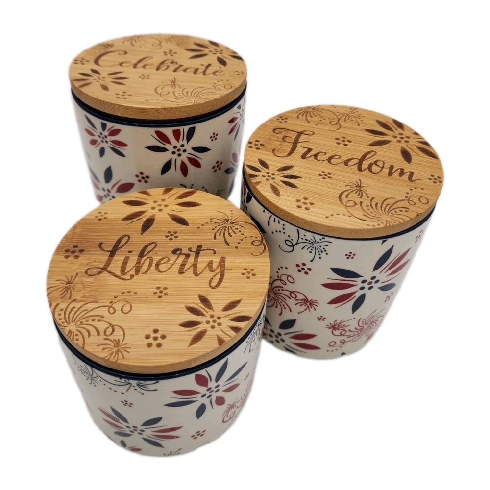 Temptations By Tara Set Of 3 Patriotic Cannisters W/Bamboo Lids